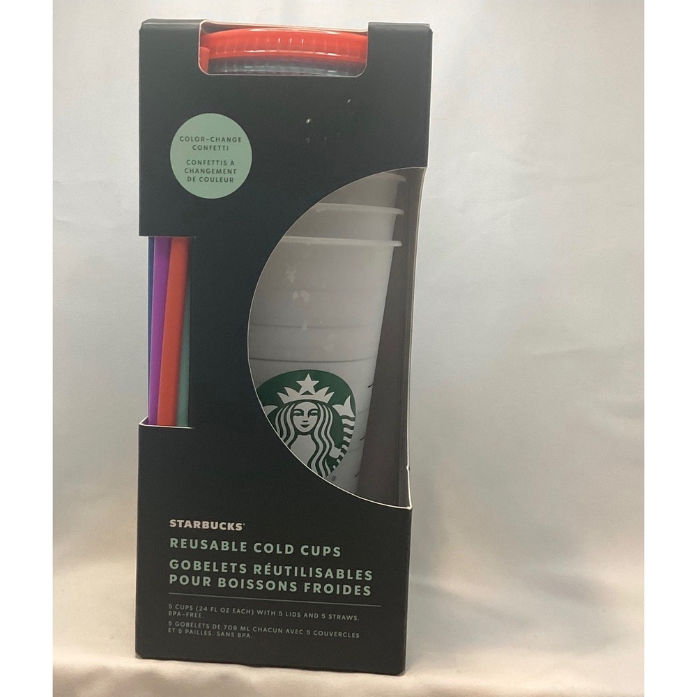 Starbucks Reusable Color Change Confetti Cold Cup Set 5 Pack 24oz Venti Tumblers